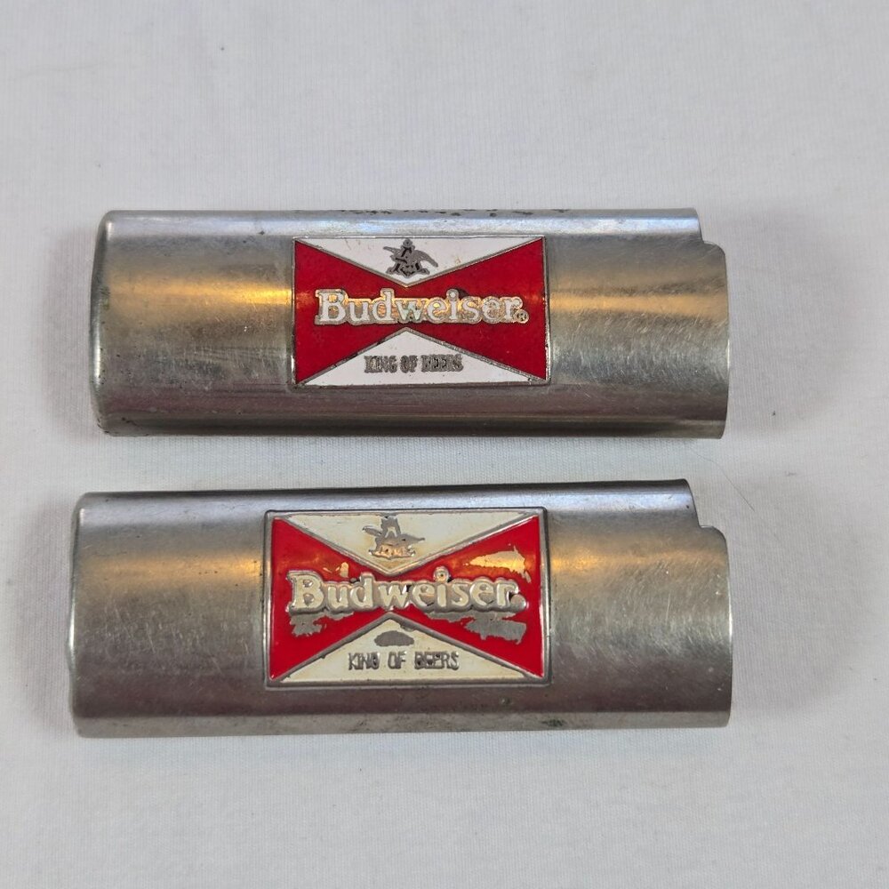 Vintage‎ Budweiser King Of Beers Lot Of 2 Metal Bic Lighter Sleeves Case Holder